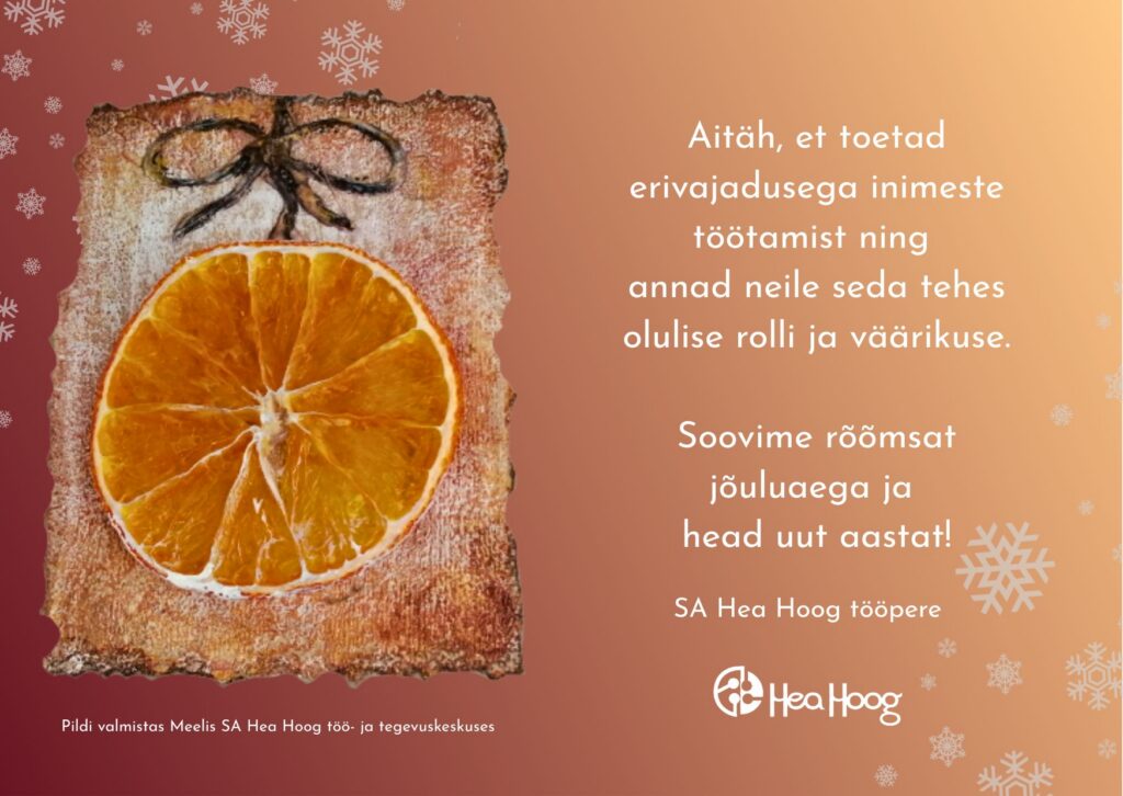 jõulukaart, kus peal apelsiniviiluga pilt ning pühadetervitus