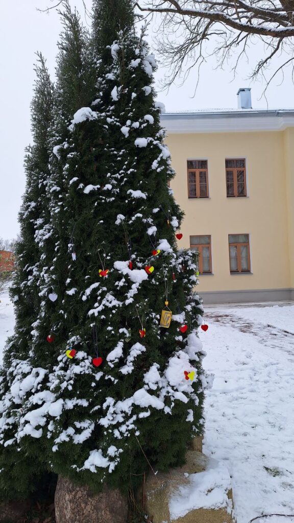 Elupuu, mille külge on riputatud käsitsi tehtud helkurid.