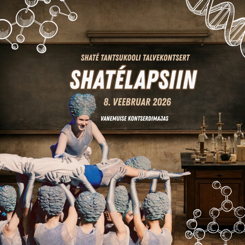 Shaté Tantsukooli talvekontserdi „ShatéLapsiin“ plakat – 8. veebruar 2026, Vanemuise kontserdimajas; tantsijad tõstavad laval üht tantsijat.
